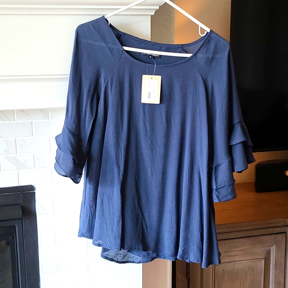 Navy Bell Ruffle Sleeve Top
